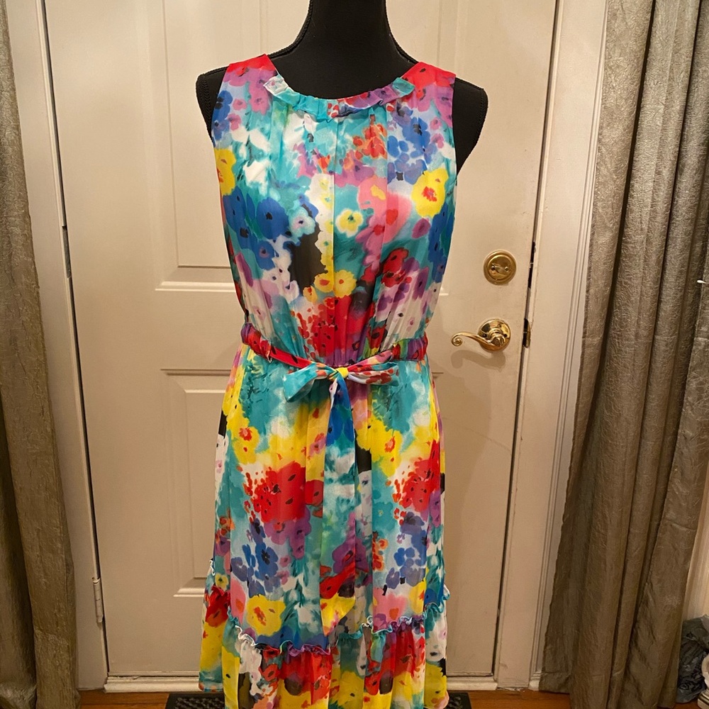 New Directions Floral Sleeveless Drawstring Dress
